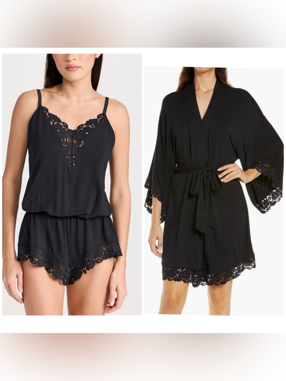 Eberjey Black Lace-Trim Camisole Romper & Robe Set
